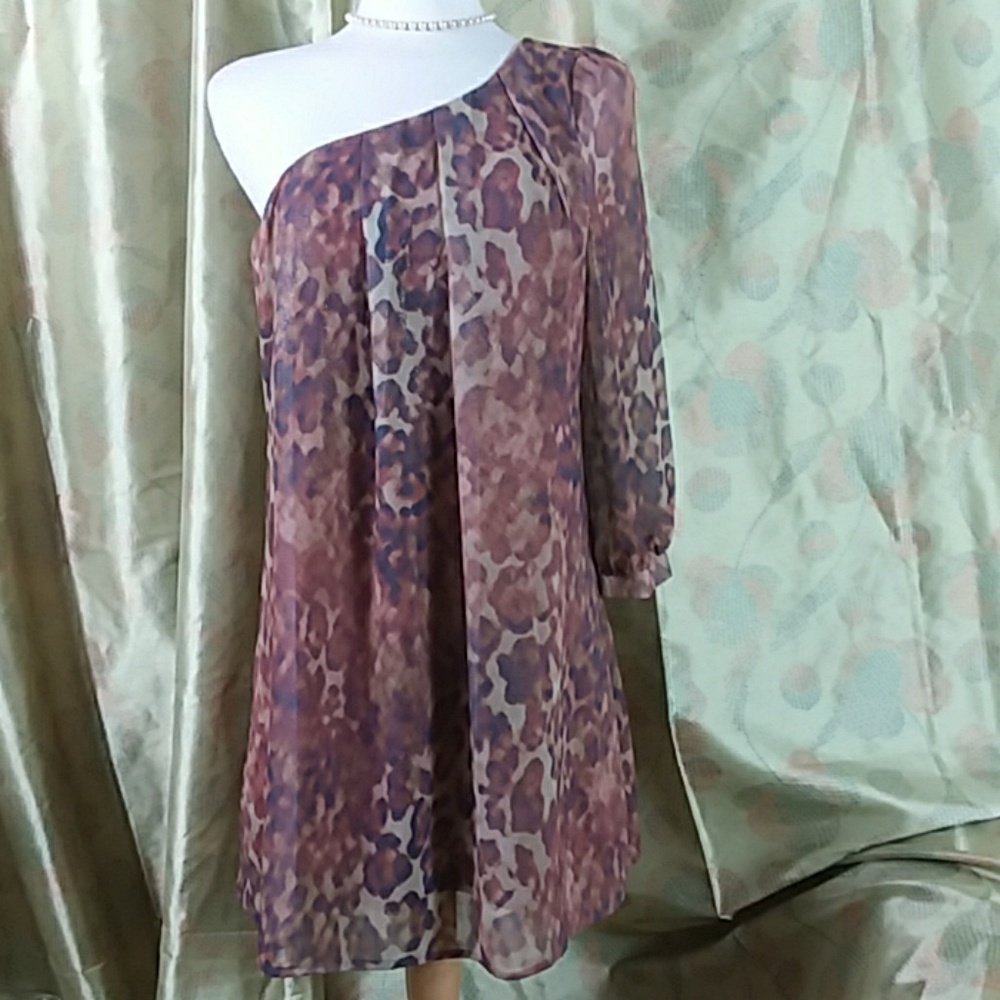 Pink Owl 1 shoulder leopard print lined dress sz M
